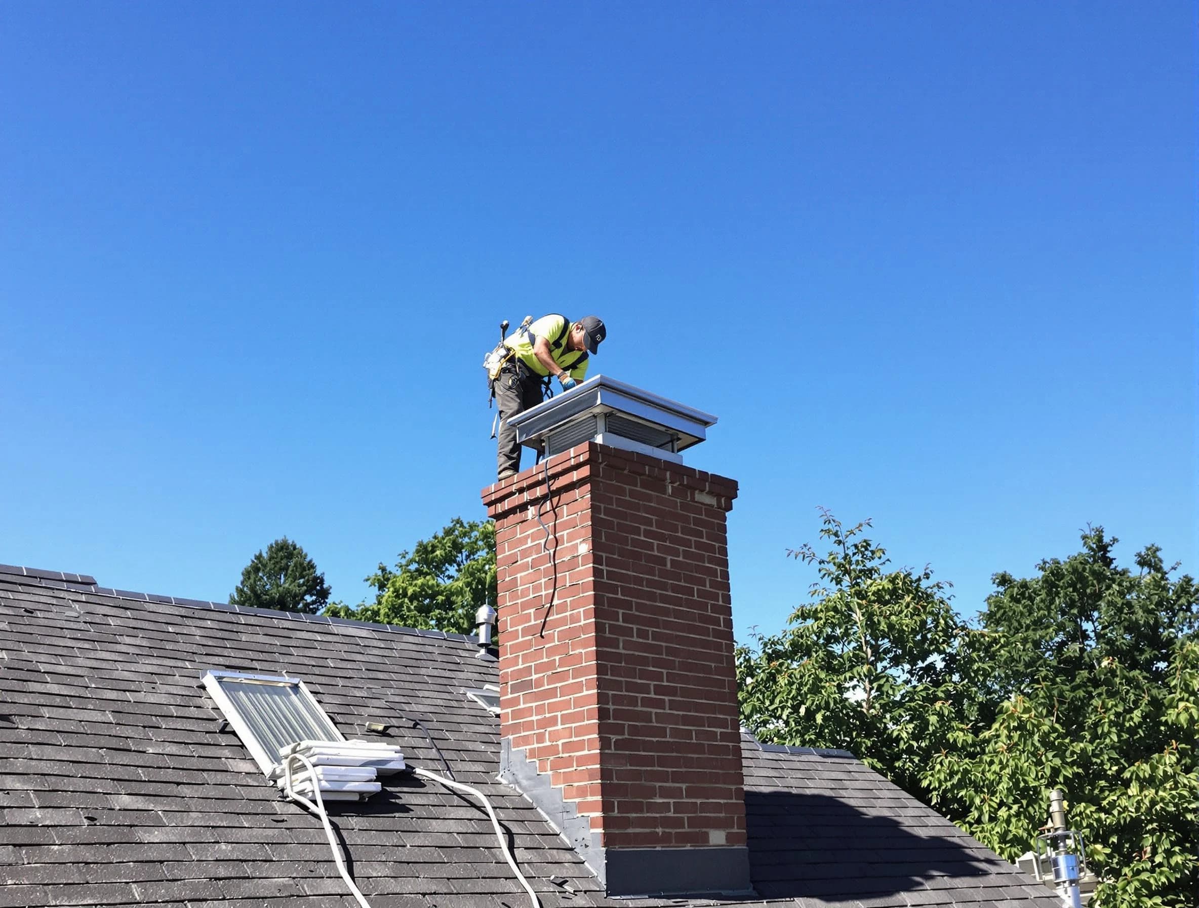 Sayreville Chimney Sweep technician measuring a chimney cap in Sayreville, NJ